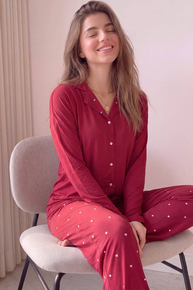 Burgundy Heart Patterned Bamboo Front Buttoned Long Sleeve Women's Pajamas Set