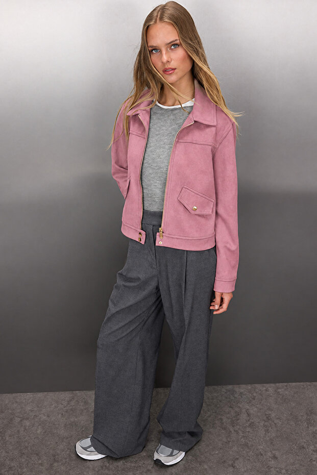 Pembe Fitted Kalıp Süet İnce Ceket Mont TWOAW26MO00016