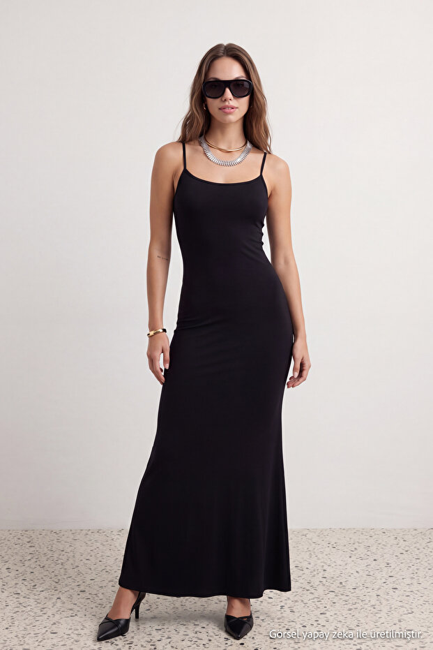 Siyah Fitted/Vücuda Oturan Askılı Maxi Esnek Örme Kalem Elbise TWOSS23EL02435