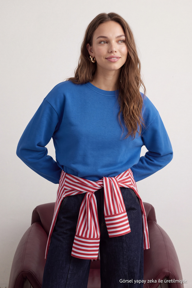 Saks Oversize/Rahat Kesim Basic Bisiklet Yaka Kalın/İçi polarlı Örme Sweatshirt TWOAW24SW00102