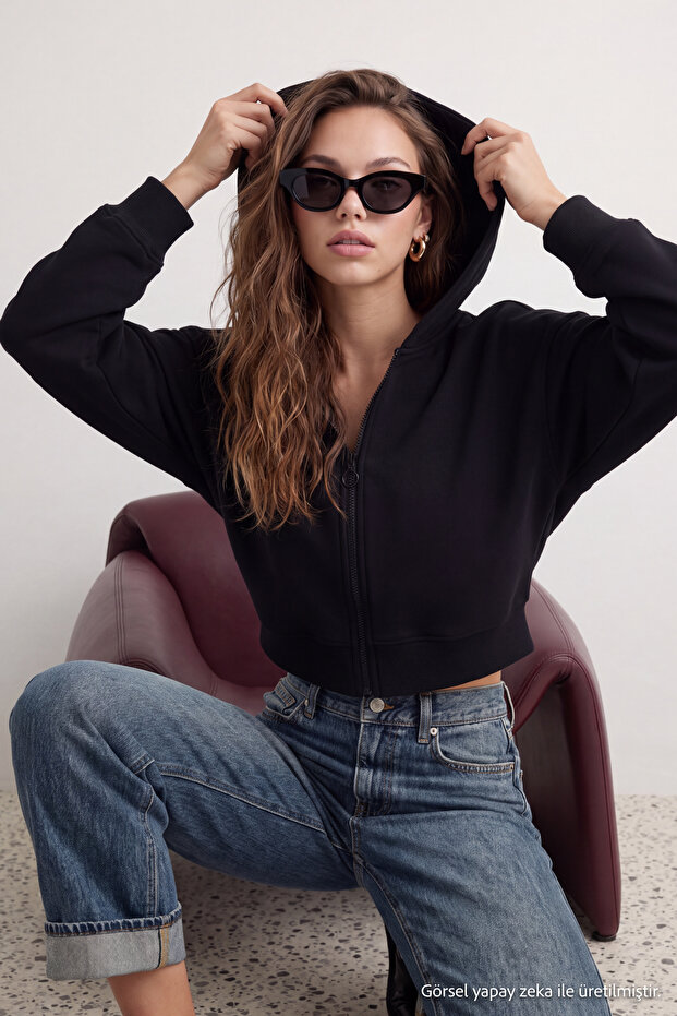 Siyah Basic Fermuarlı Kapüşonlu Crop Kalın İçi Polarlı Örme Hırka/Sweatshirt TWOAW20SW0660