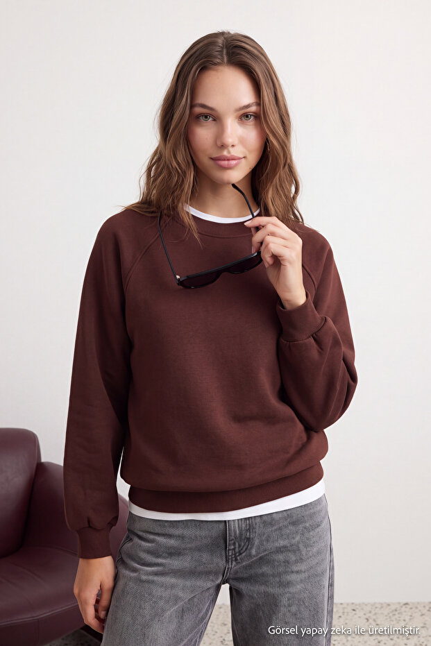 Koyu Kahverengi Relaxed/Rahat Kalıp Basic Reglan Kol Bisiklet Yaka Örme Sweatshirt TWOAW24SW00104