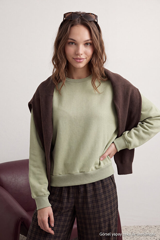 Mint Kalın İçi Polarlı Regular/Normal Kalıp Bisiklet Yaka Basic Örme Sweatshirt TWOAW24SW00101
