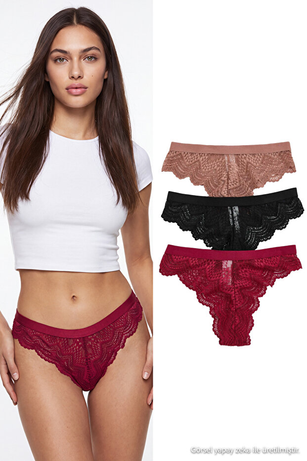 Black-Multicolor 3-Piece Lace Classic Knitted Panties Thmaw27Ku00041