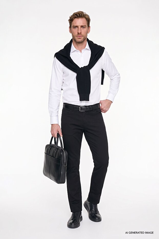 Men's Black Non-Wrinkle Slim Fit Slim Cut 5-Pocket Cotton Canvas Flexible Casual Trousers