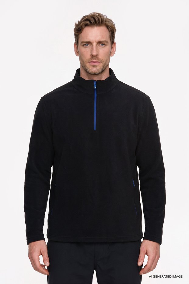Men's Black Warm Standard Fit Regular Cut Bato Collar Double Fleto Pocket Sweatshirt Fleece