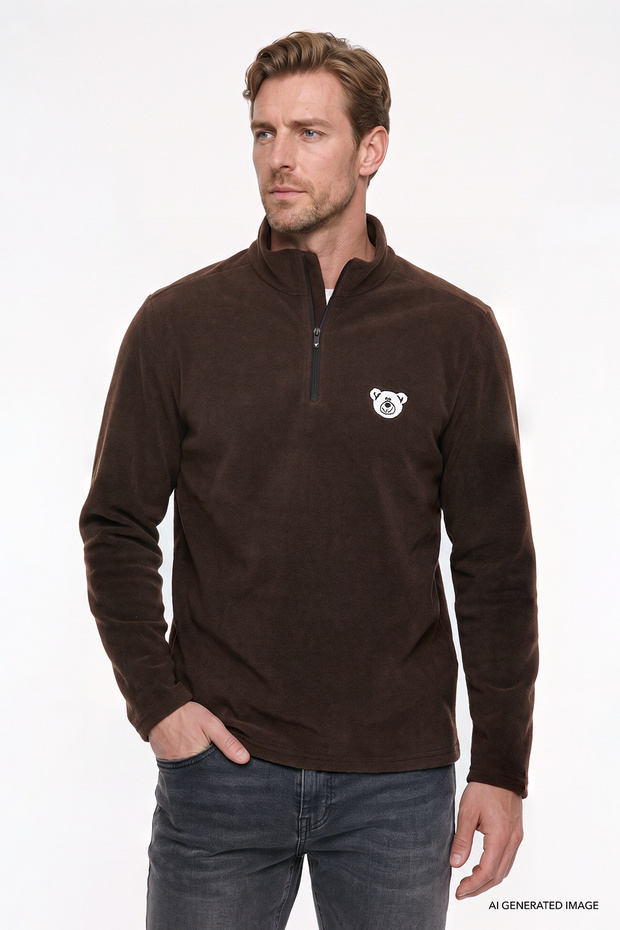 Men's Brown Anti-Pilling Non-Pilling Cold-Proof Standard Fit Embroidered Sweatshirt Fleece