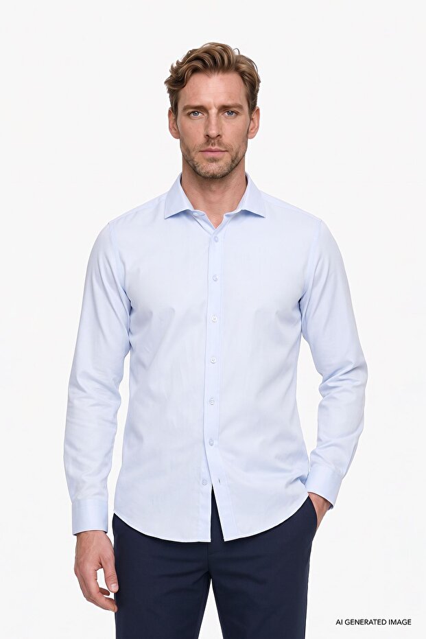 Men's Blue Slim Fit Narrow Cut Italian Collar Dobby Shirt