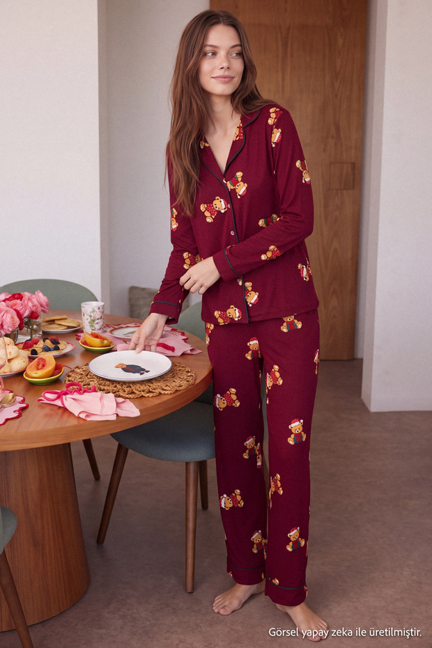Teddy Bear Christmas-Themed Piped Knitted Pajama Set, 100% Cotton - Burgundy