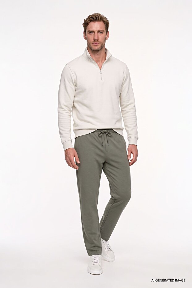 Men's Khaki Cotton Diagonal Patterned Jogger Pants with Elastic Waist, Standard Fit, Regular Cut