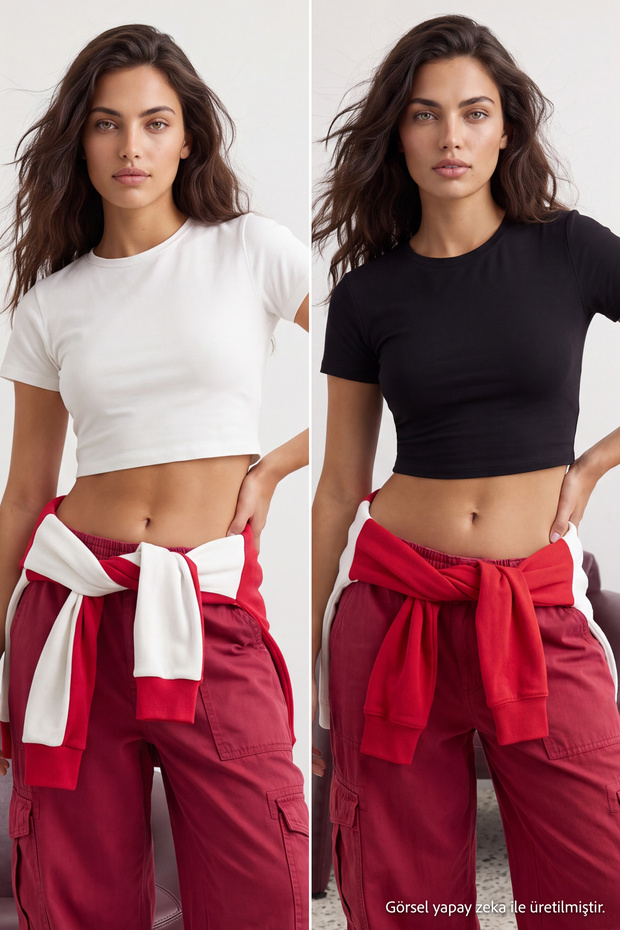 Siyah-Ekru 2'li Paket Crop Viskoz/Yumuşak Kumaş Esnek Örme Bluz TWOSS23BZ00108