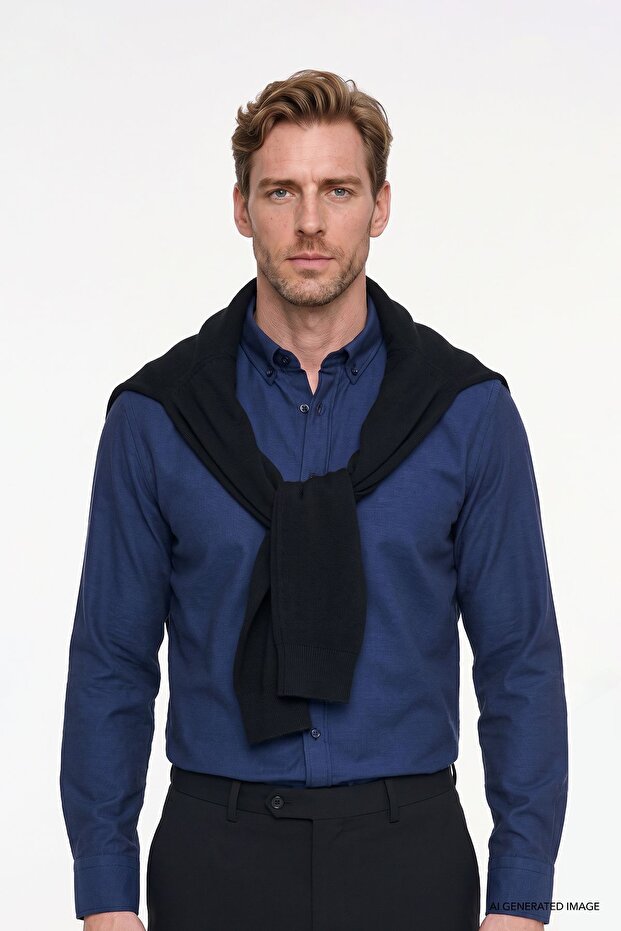 Men's Oxford Dark Navy Button-Down Collar Easy-Iron Cotton Slim Fit Slim Fit Shirt