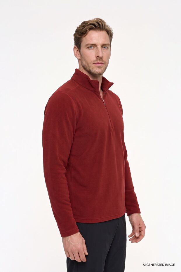 Men's Claret Red Anti-pilling Non-Pilling Heat-Protecting Standard Fit Stand-Up Collar Fleece Sweatshirt