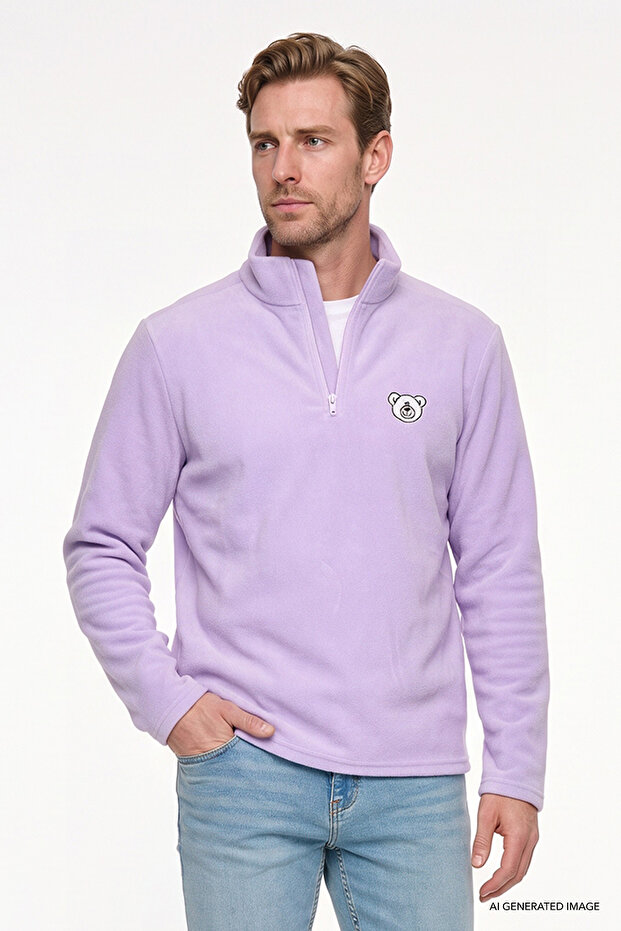 Men's Lilac Anti-Pilling, Non-Pilling, Cold-Proof, Standard Fit Embroidered Sweatshirt Fleece