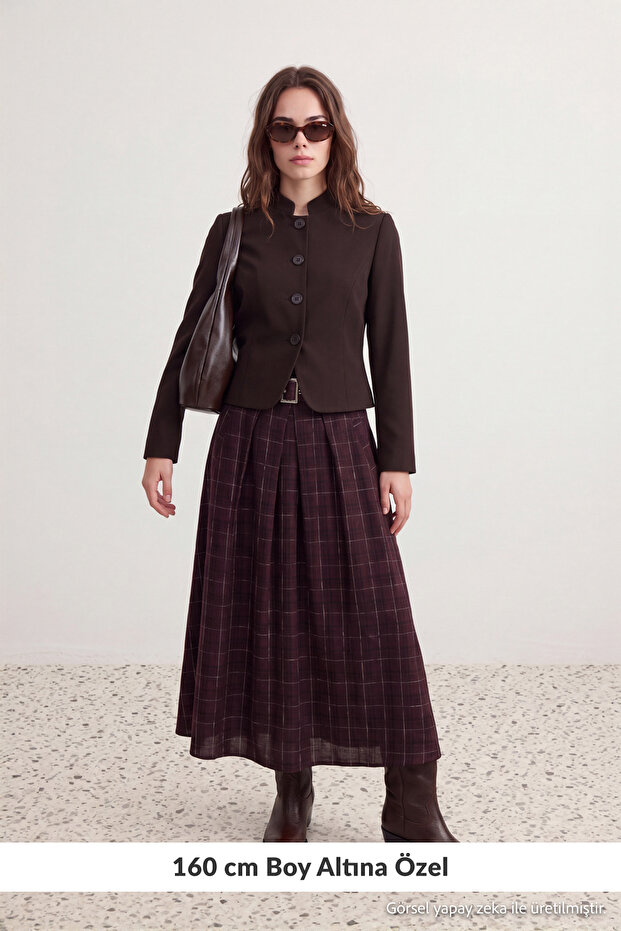 Petite Bordo Ekoseli Kemerli Midi Etek TWOAW27ET00092