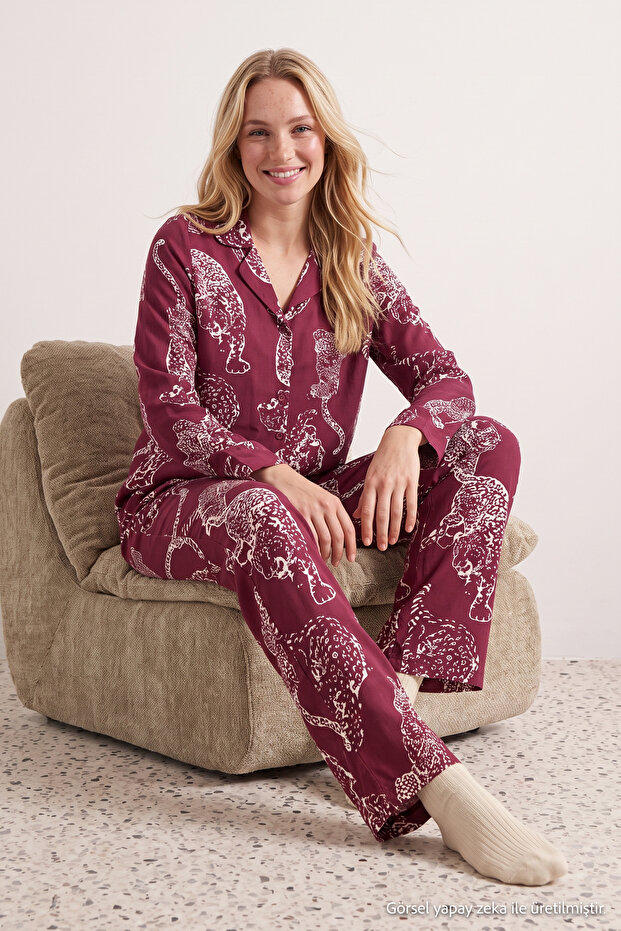 Bordo Kaplan Desenli Viskon Dokuma Pijama Takımı THMAW24PT00092