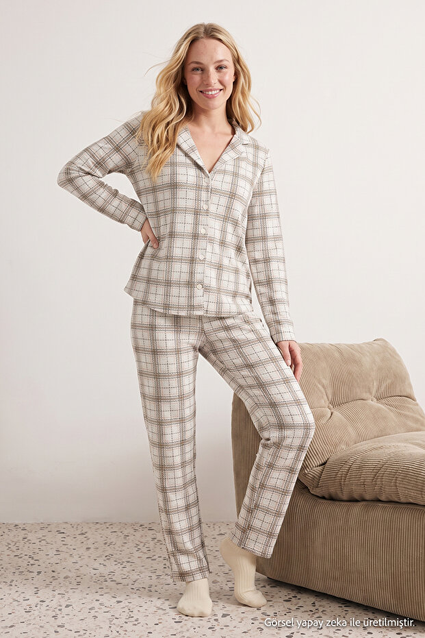 Beige 100% Cotton Plaid Knitted Pajamas Set Thmaw20Pt0266