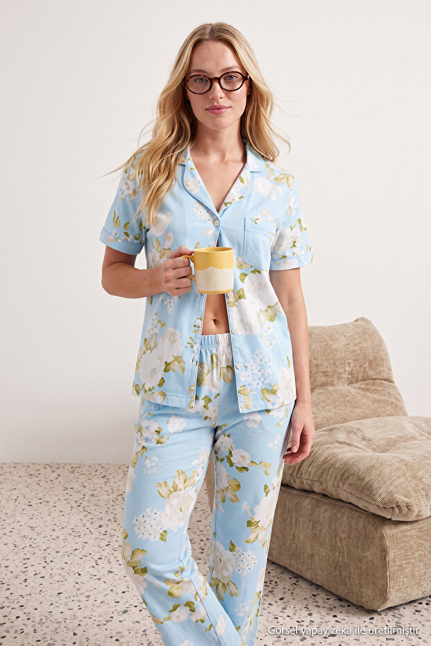 Mavi %100 Pamuklu Çiçek Desenli Örme Pijama Takımı THMSS20PT0062