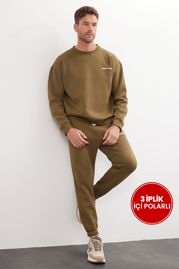 Men's Relax Fit Cotton 3-Yarn Soft-Textured Fleece-Lined Crew Neck Khaki Tracksuit Set