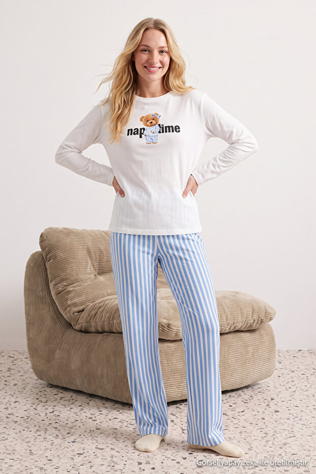 Kadın Family/Aile Beyaz %100 Pamuklu Çizgili Ayıcıklı Örme Pijama Takımı THMAW25PT00171