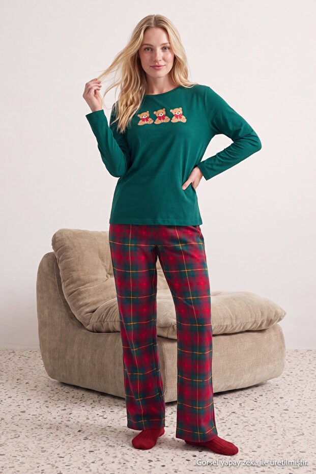 Green 100% Cotton Teddy Bear Plaid Knitted Pajama Set Thmaw26Pt00042