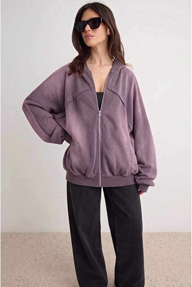 Mor Kalın Extra Oversize/Geniş Kesim Kapüşonlu Eskitme/Soluk Efektli Örme Sweatshirt TWOAW27SW00176