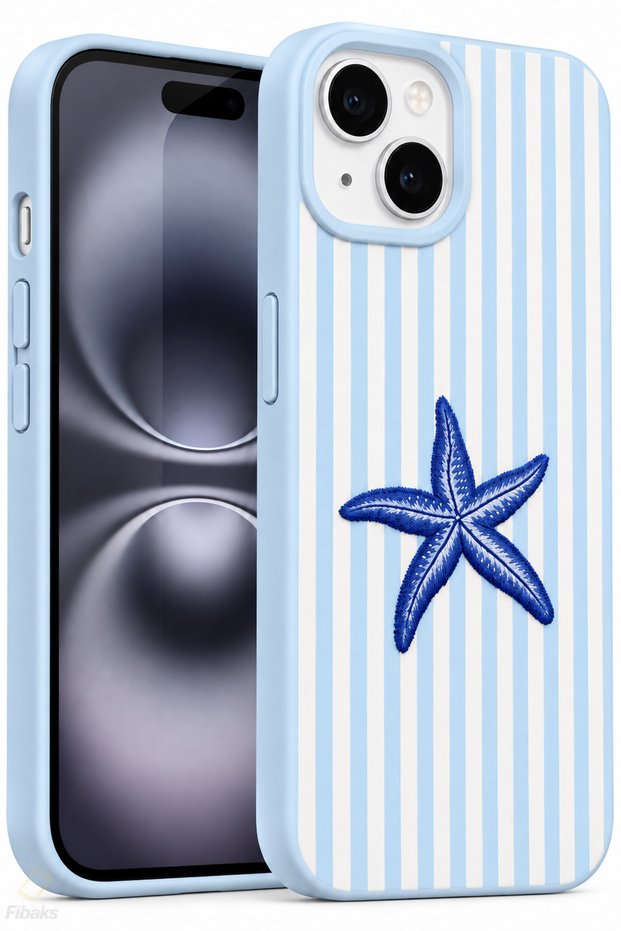 For iPhone 13/14/15 Case Blue Starfish Pattern Stripes Velvety Soft Touch Silicone Phone Case | Camera Protected, Shock-Absorbing Premium Cover