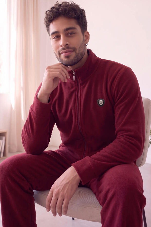 Burgundy Front-Zip Long-Sleeve Fleece Men's Pajama Set