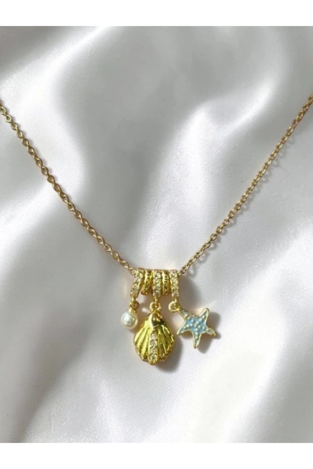 Blue Enamel Steel Necklace with Shell and Starfish Figures