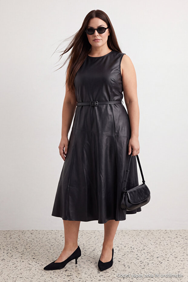 Black Woven Faux Leather Midi Plus Size Dress Tbbaw27Ah00101