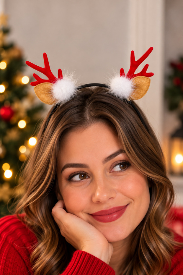 Stylish New Year's Crown with Red Deer Horn Design New Year's Crown Accessory with White Pompom Ear Detail