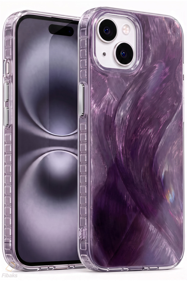 iPhone 13/14/15 Case Feather Marbling Pattern Shock Absorbing Purple Color Silicone Protective Cover