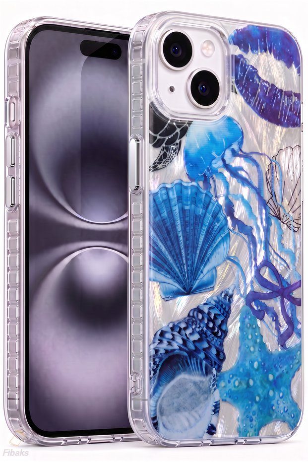 iPhone 13/14/15 Case Holographic Blue Seashell Pattern Shock-Absorbing Camera Protection Silicone