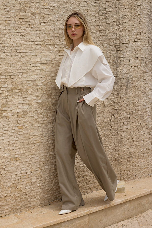 Haki Pili Detaylı Wideleg Geniş Paça Pantolon TWOSS26PL00226