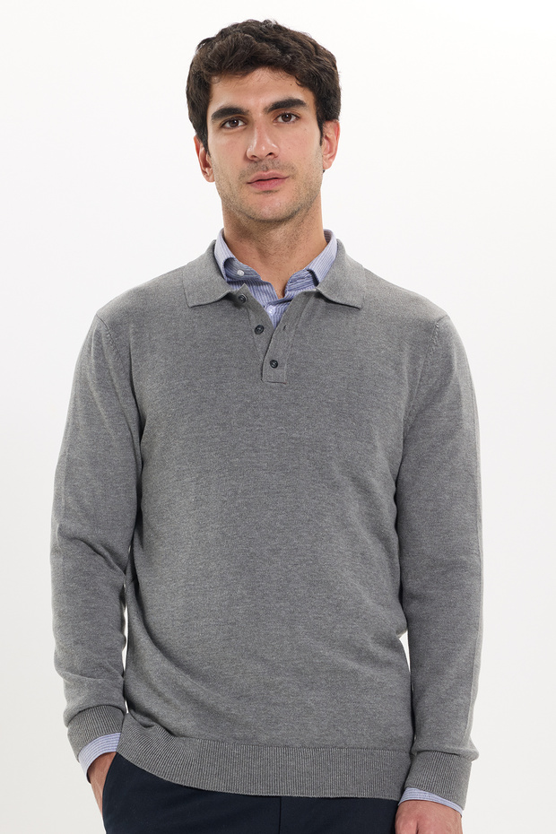 Men's Standard Fit Regular Cut Cotton Polo Neck Gray Sweater