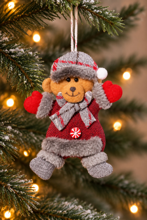 Plush Cute Teddy Bear Christmas Tree Hanging 18 cm Ornament Red Gray