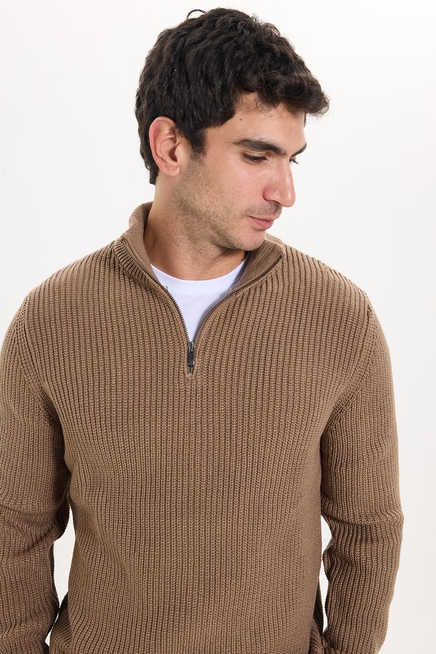 Men's Slim Fit slim fit zippered dark mink Mock Neck knitwear sweater