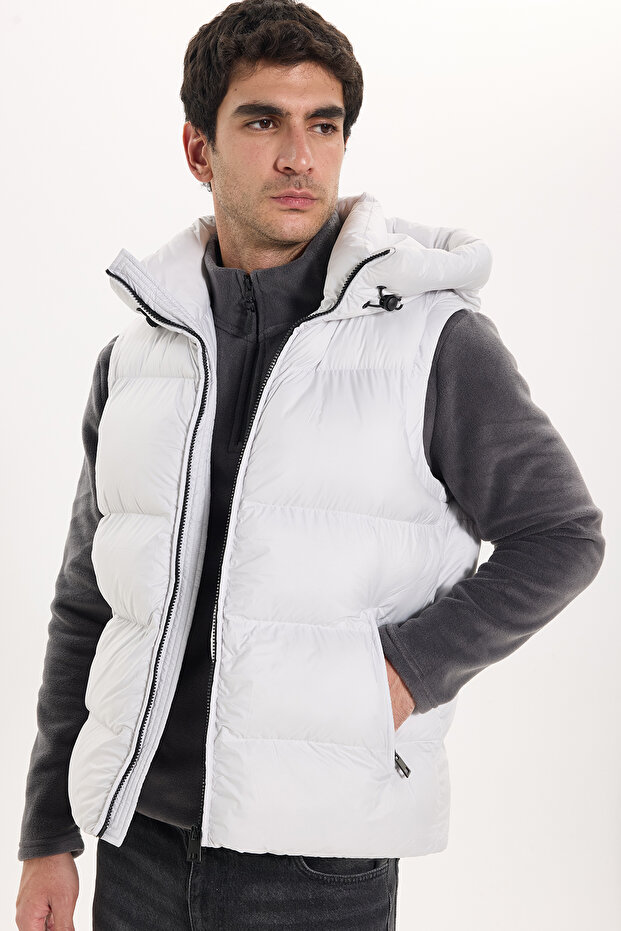Men's Standard Fit Regular Cut Zero Sleeve Hooded Stone Color Padded Puffer Vest