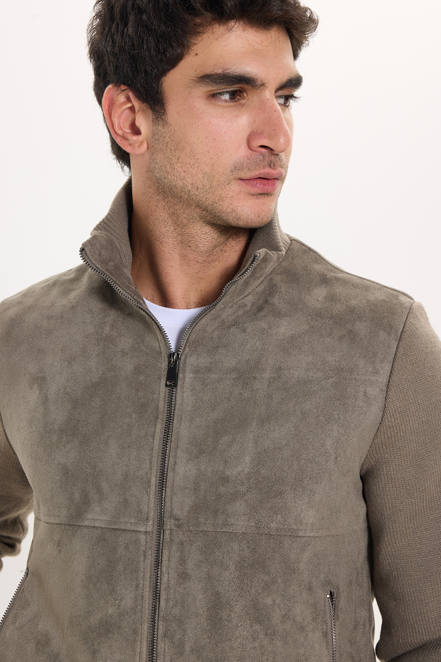 Men's Relax Fit Comfortable Cut Stand Collar Zippered Lined Suede Look Knitwear Sleeve Pocket Gray Coat