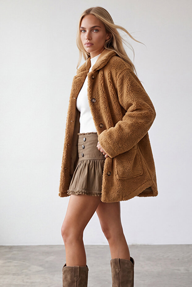 Women's Camel Double Pocket Front Buttoned Oversize Unlined Plush Jacket ALC-X11149