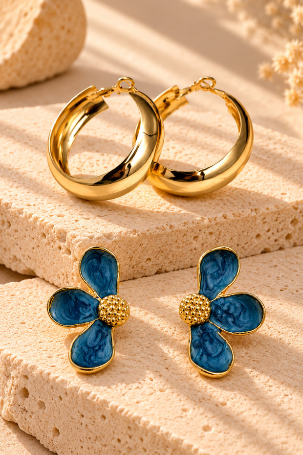 2-Piece Steel Yellow Color Non-Fading Round Earrings with Blue Enamel and Ring Detail