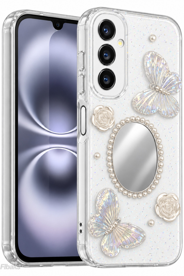 Galaxy A16 Case 3D Butterfly Rose Pattern Mirrored Glitter Transparent Design Silicone Cover