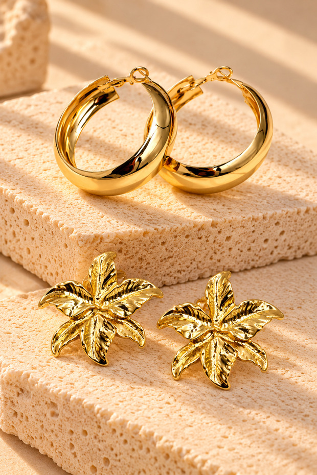 Women's Gold Color 2-Piece Earring Set Loop Hoop and Intertwined Flower Earrings