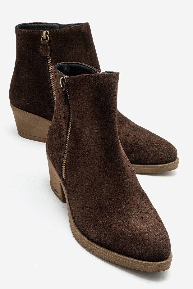 Jayer Brown Suede Genuine Leather Zippered Women's Heeled Boots