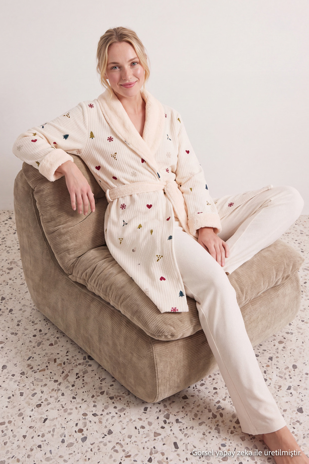 Ecru Winter Themed Soft Waffle Knit Robe THMAW26SB00006