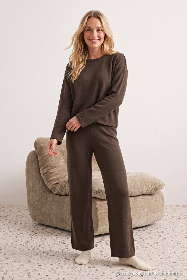 Kahverengi Fitilli Örme Pijama Takımı THMAW21PT0684