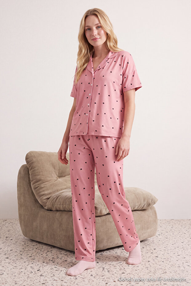 Dusty Rose Heart Knitted Pajamas Set Thmss24Pt00286