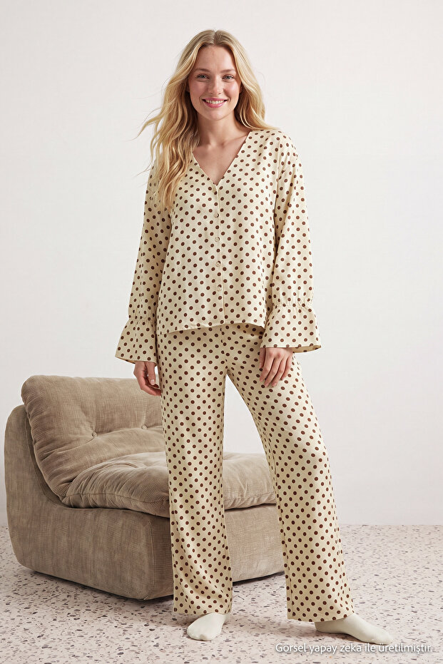 Ecru 100% Cotton Polka Dot Muslin Fabric Woven Pajama Set THMAW26PT00178