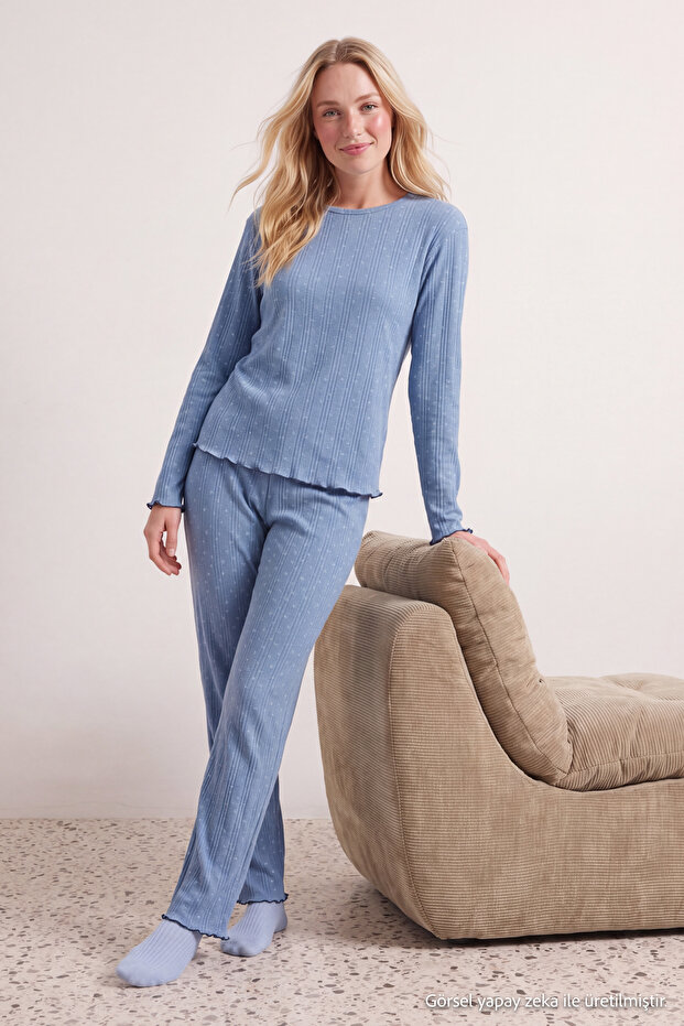Mavi Çiçekli Baby Overloklu Fitilli/Pointel Örme Pijama Takımı THMAW26PT00220