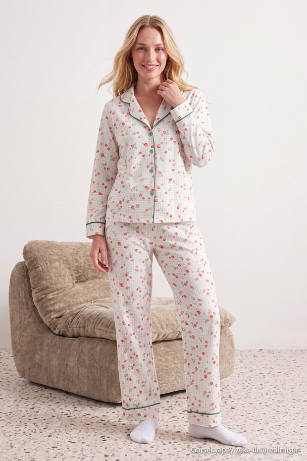 Mint 100% Cotton Floral Piped Knit Pajama Set THMAW25PT00202